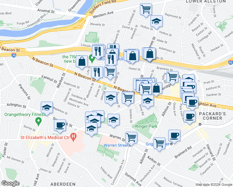 map of restaurants, bars, coffee shops, grocery stores, and more near 68 Saunders Street in Boston