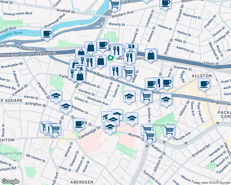 map of restaurants, bars, coffee shops, grocery stores, and more near 104 Dustin Street in Boston
