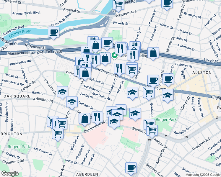 map of restaurants, bars, coffee shops, grocery stores, and more near 55 Saybrook Street in Boston