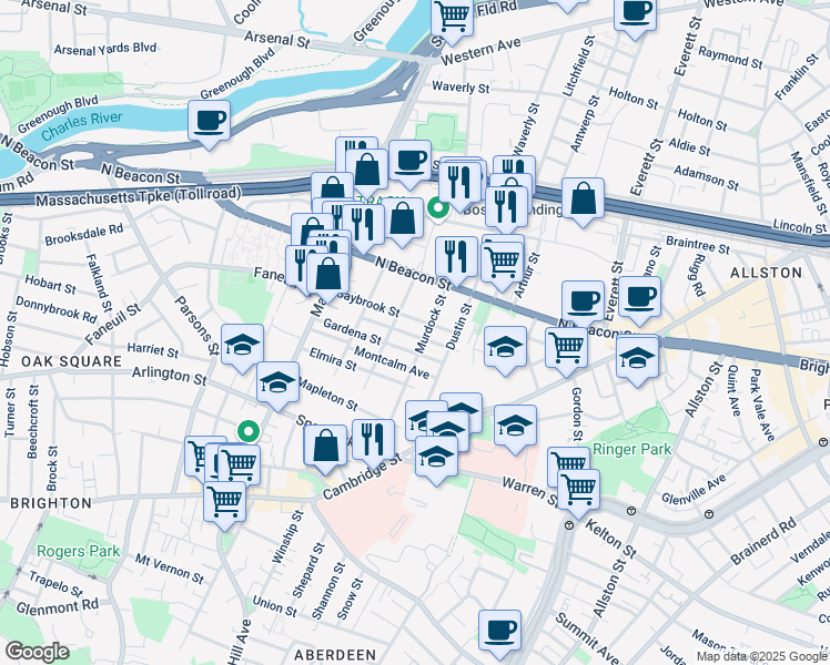 map of restaurants, bars, coffee shops, grocery stores, and more near 55 Saybrook Street in Boston