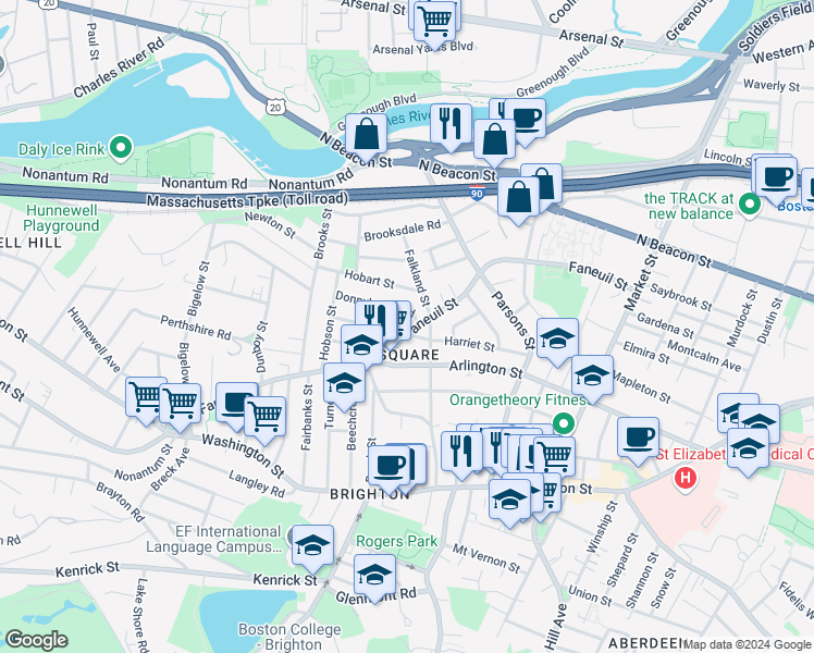 map of restaurants, bars, coffee shops, grocery stores, and more near in Boston