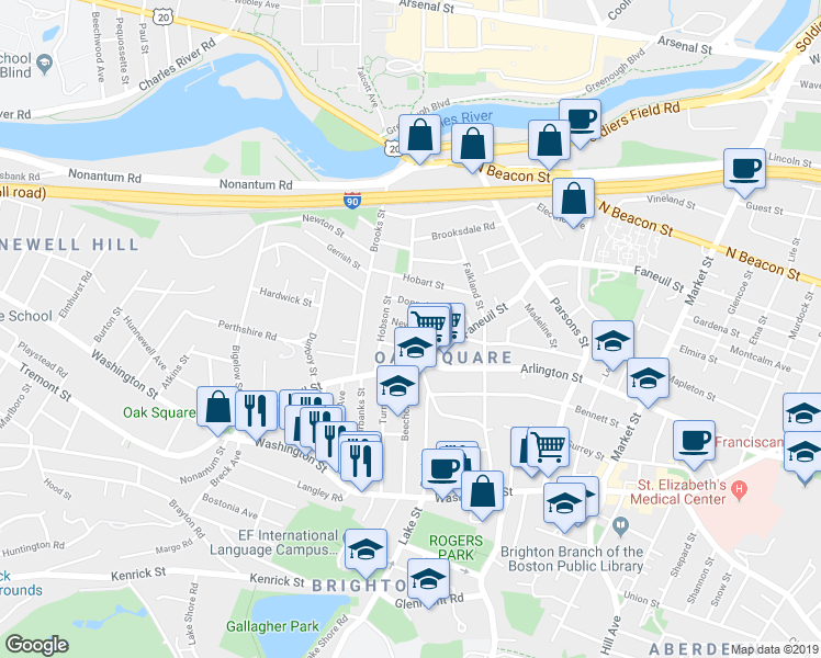 map of restaurants, bars, coffee shops, grocery stores, and more near 43 Newcastle Road in Boston