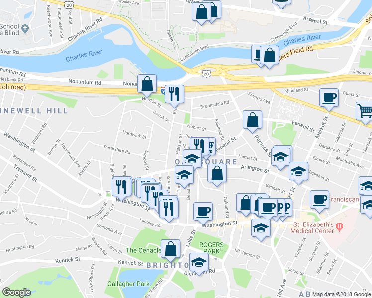 map of restaurants, bars, coffee shops, grocery stores, and more near 43 Newcastle Road in Boston
