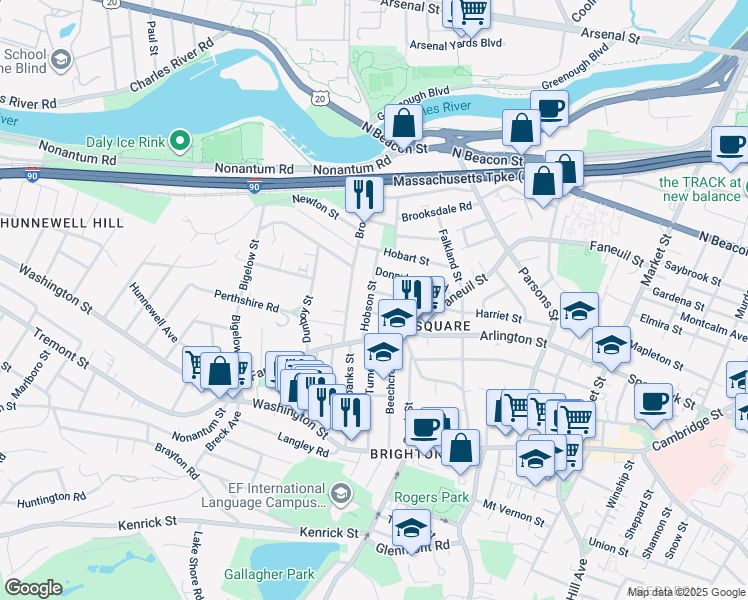 map of restaurants, bars, coffee shops, grocery stores, and more near 43 Newcastle Road in Boston