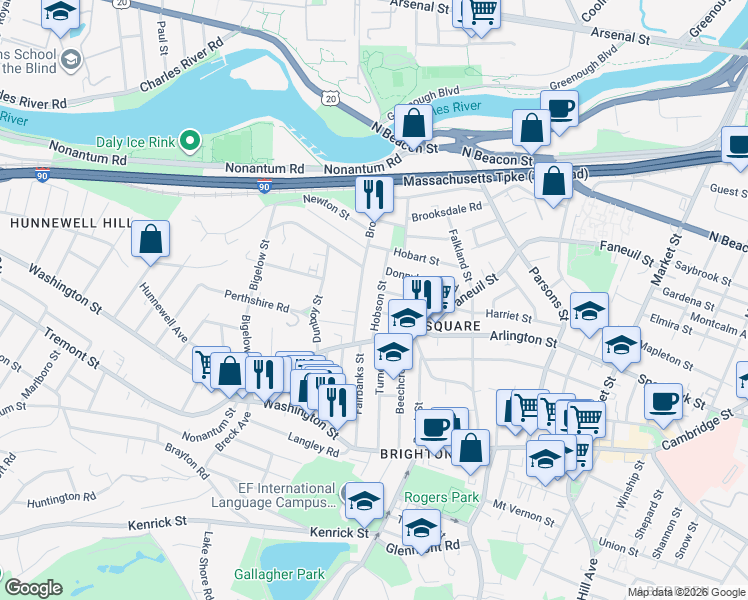 map of restaurants, bars, coffee shops, grocery stores, and more near 103 Brooks Street in Boston