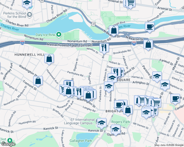 map of restaurants, bars, coffee shops, grocery stores, and more near 61 Dunboy Street in Boston