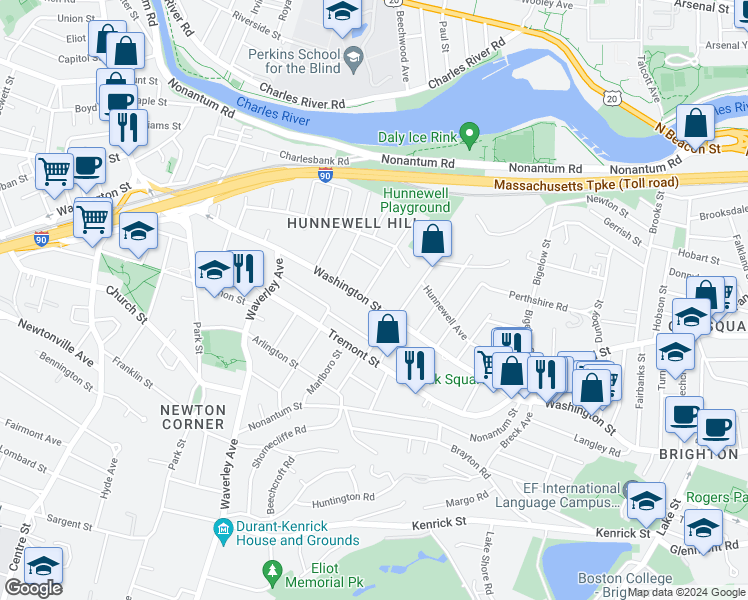 map of restaurants, bars, coffee shops, grocery stores, and more near 33 Washington Street in Newton