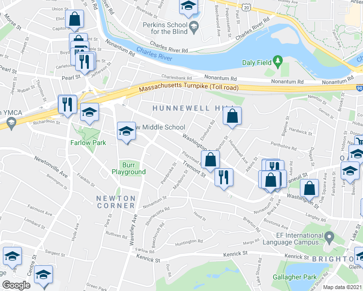 map of restaurants, bars, coffee shops, grocery stores, and more near 17-19 Whittemore Road in Newton