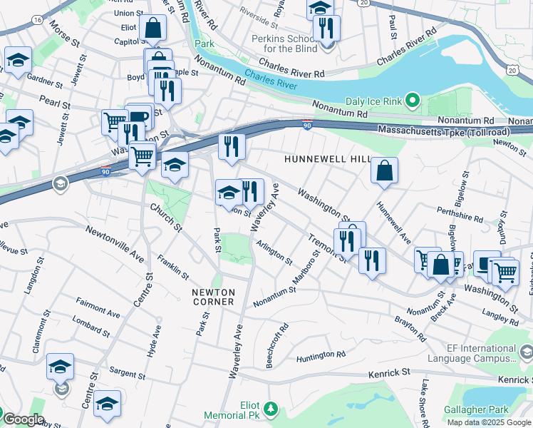 map of restaurants, bars, coffee shops, grocery stores, and more near 45 Waverley Avenue in Newton