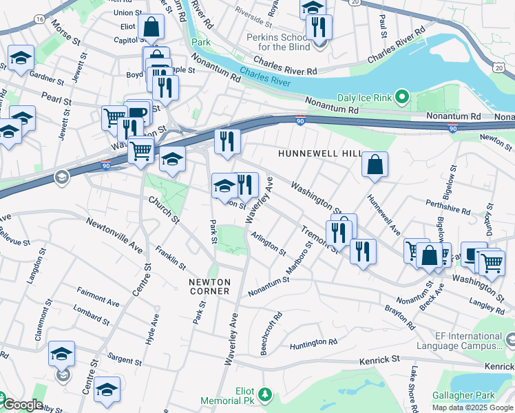 map of restaurants, bars, coffee shops, grocery stores, and more near 45 Waverley Avenue in Newton