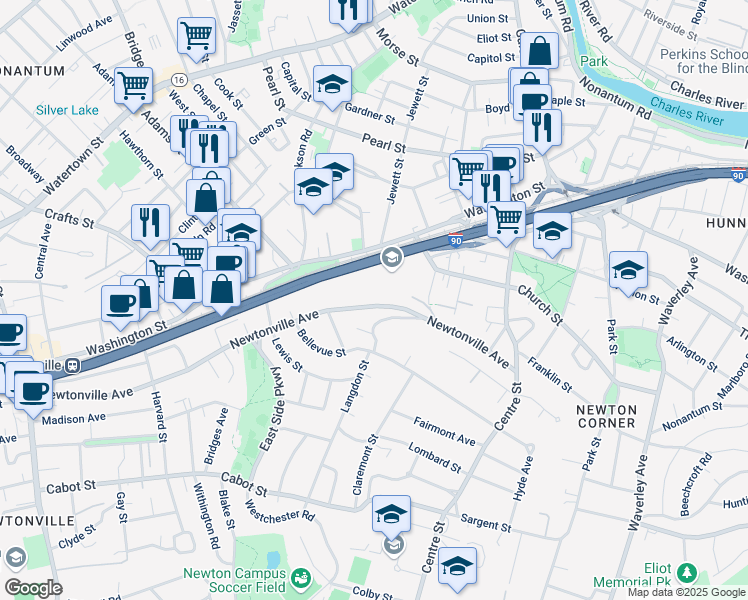 map of restaurants, bars, coffee shops, grocery stores, and more near 121 Newtonville Avenue in Newton
