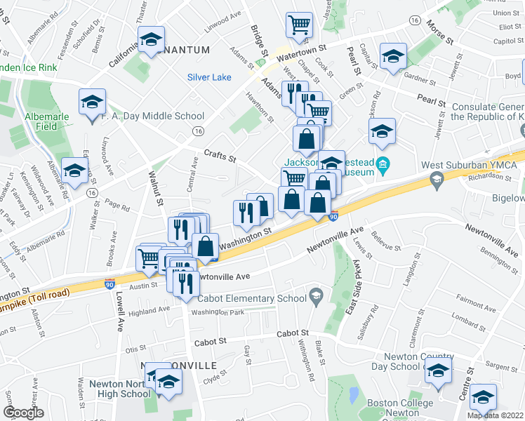 map of restaurants, bars, coffee shops, grocery stores, and more near 39 Court Street in Newton