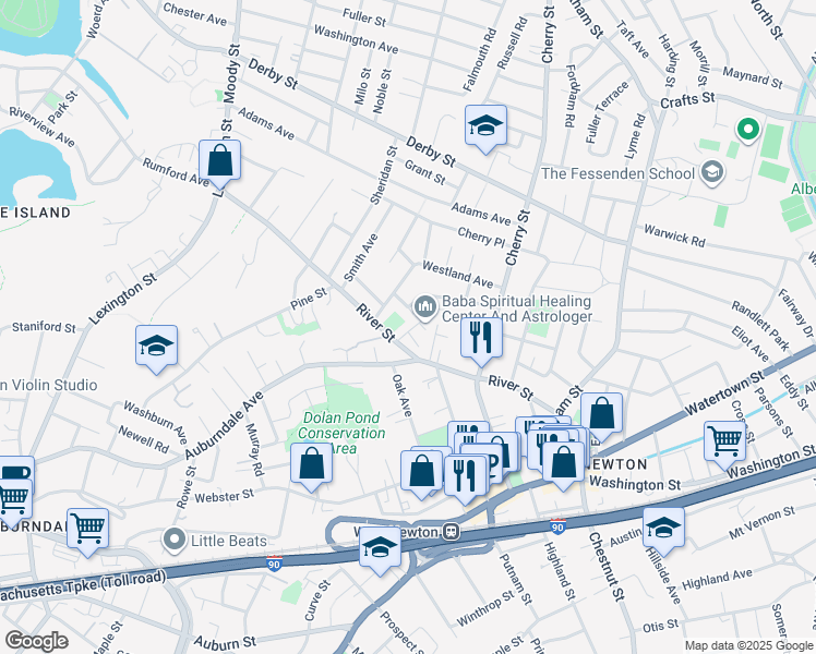 map of restaurants, bars, coffee shops, grocery stores, and more near 19 Alden Place in Newton
