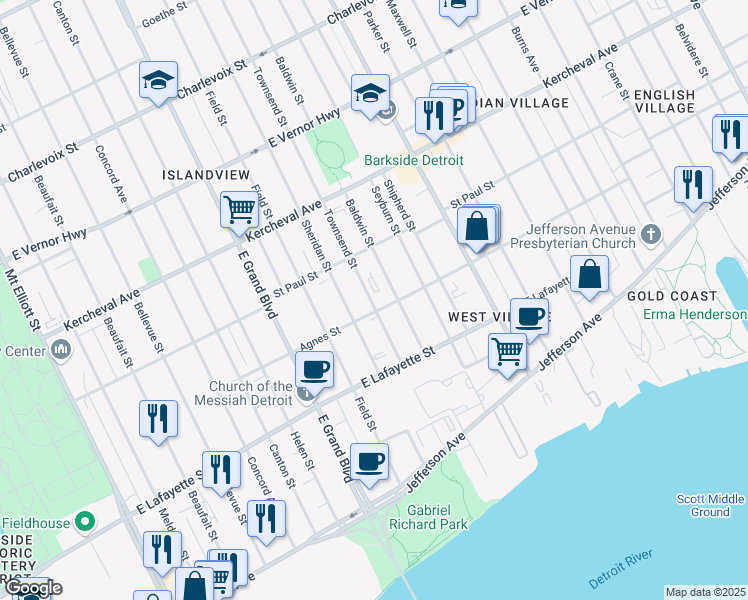 map of restaurants, bars, coffee shops, grocery stores, and more near 1421 Baldwin Street in Detroit