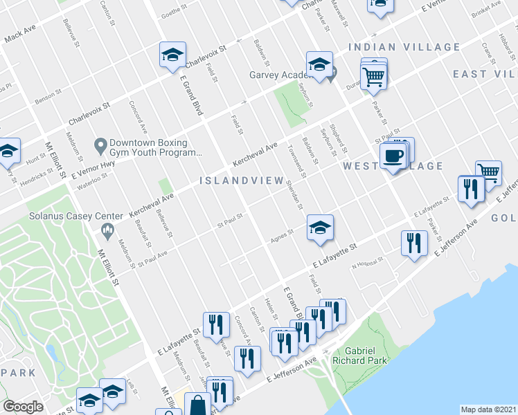 map of restaurants, bars, coffee shops, grocery stores, and more near 7200-7256 Saint Paul Street in Detroit