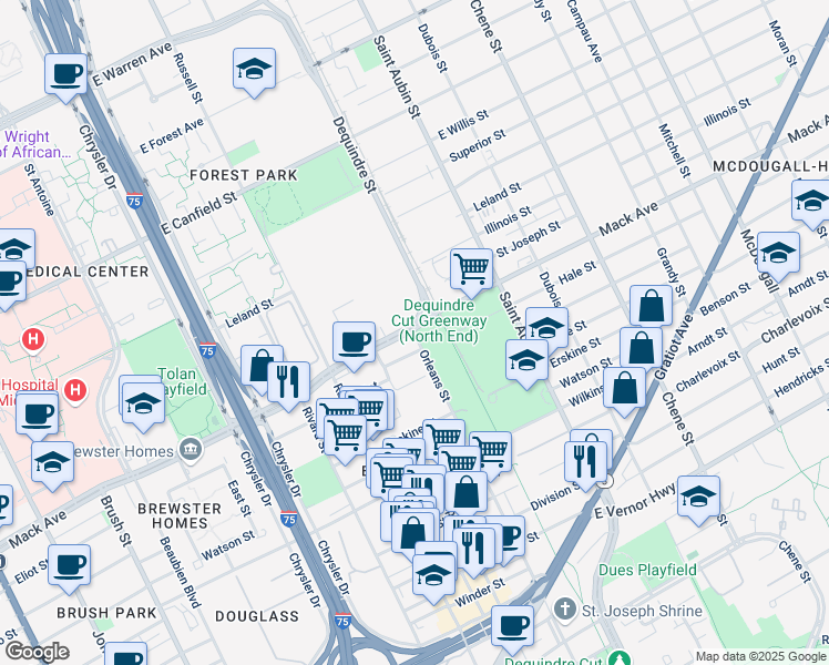 map of restaurants, bars, coffee shops, grocery stores, and more near 1800 Mack Avenue in Detroit
