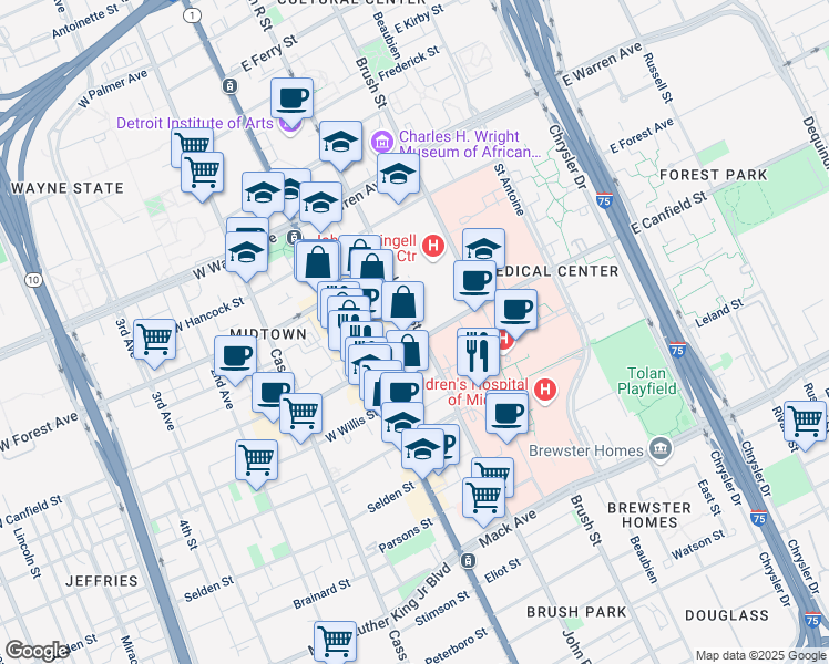 map of restaurants, bars, coffee shops, grocery stores, and more near 4415 John R Street in Detroit
