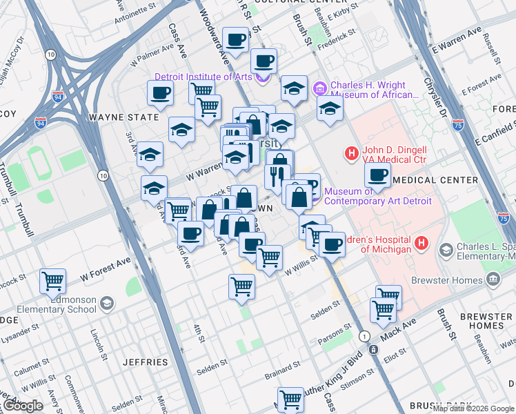 map of restaurants, bars, coffee shops, grocery stores, and more near in Detroit