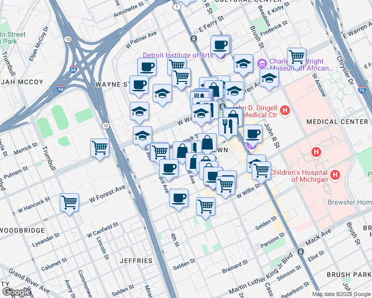 map of restaurants, bars, coffee shops, grocery stores, and more near 473 West Hancock Street in Detroit