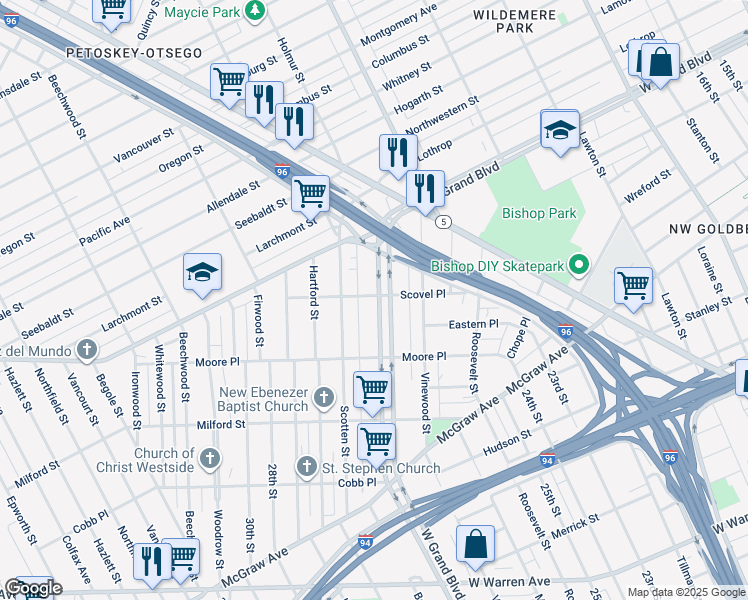 map of restaurants, bars, coffee shops, grocery stores, and more near 1889 West Grand Boulevard in Detroit