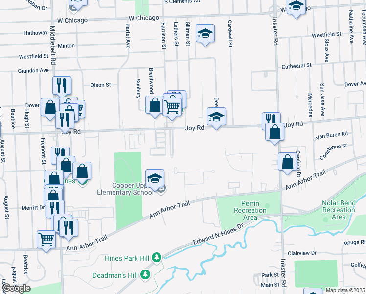 map of restaurants, bars, coffee shops, grocery stores, and more near 28349 Joy Rd in Westland