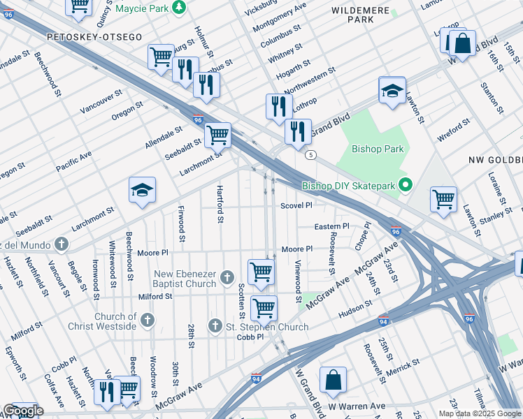 map of restaurants, bars, coffee shops, grocery stores, and more near 1889 West Grand Boulevard in Detroit