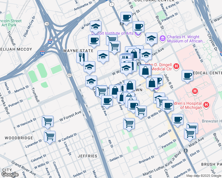 map of restaurants, bars, coffee shops, grocery stores, and more near 619 West Hancock Street in Detroit