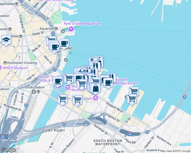 map of restaurants, bars, coffee shops, grocery stores, and more near 10 Fan Pier Boulevard in Boston