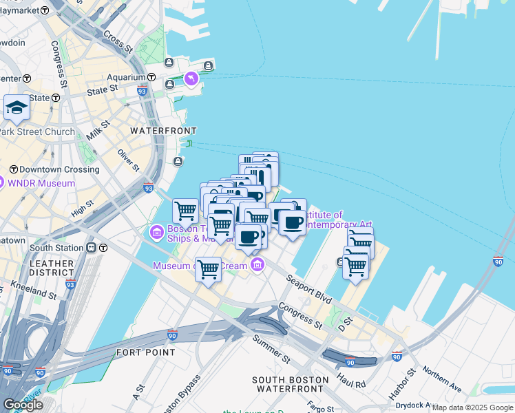 map of restaurants, bars, coffee shops, grocery stores, and more near 10 Fan Pier Boulevard in Boston