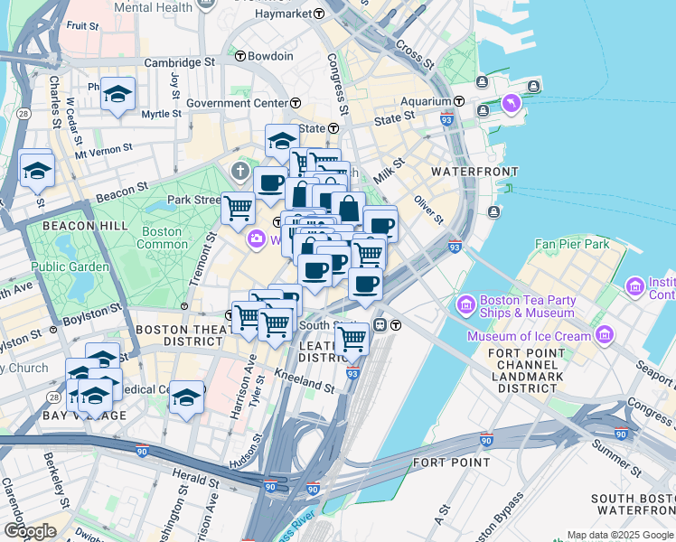 map of restaurants, bars, coffee shops, grocery stores, and more near 100 Summer Street in Boston