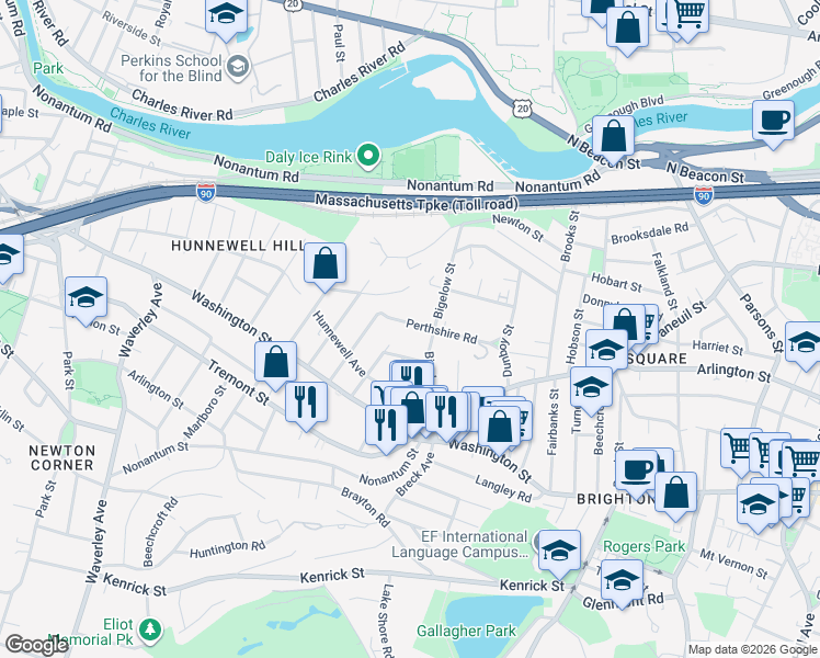map of restaurants, bars, coffee shops, grocery stores, and more near 82 Perthshire Road in Boston