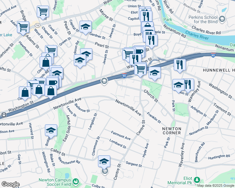 map of restaurants, bars, coffee shops, grocery stores, and more near 21 Oakland Street in Newton