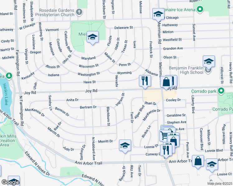 map of restaurants, bars, coffee shops, grocery stores, and more near 31947 Joy Road in Westland