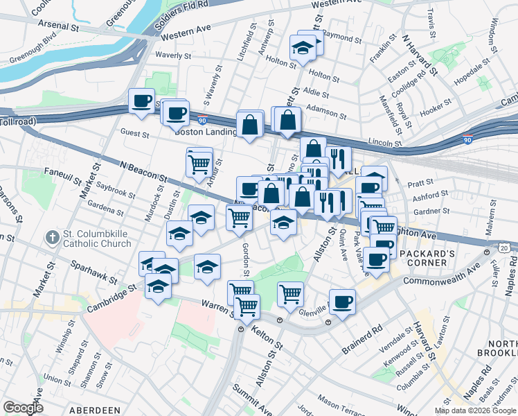 map of restaurants, bars, coffee shops, grocery stores, and more near in Boston