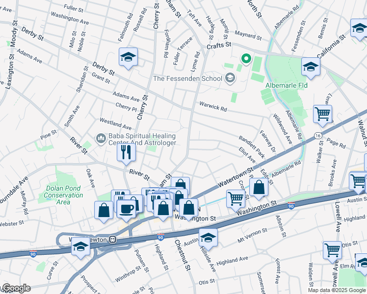 map of restaurants, bars, coffee shops, grocery stores, and more near 20 Princess Road in Newton