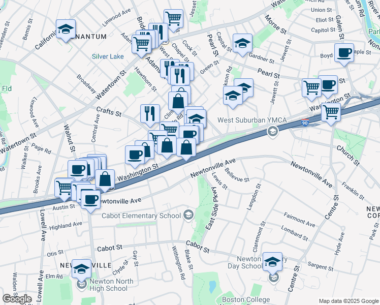 map of restaurants, bars, coffee shops, grocery stores, and more near in Newton