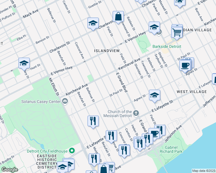 map of restaurants, bars, coffee shops, grocery stores, and more near 1764 Canton Street in Detroit