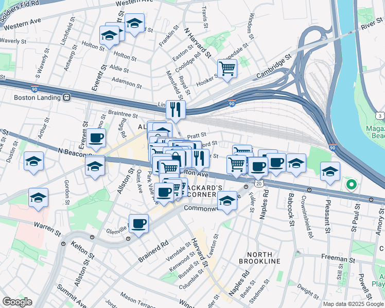 map of restaurants, bars, coffee shops, grocery stores, and more near 44 Linden Street in Boston