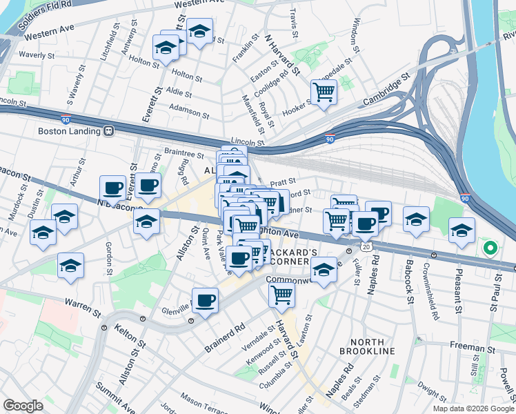 map of restaurants, bars, coffee shops, grocery stores, and more near 9 Farrington Avenue in Boston