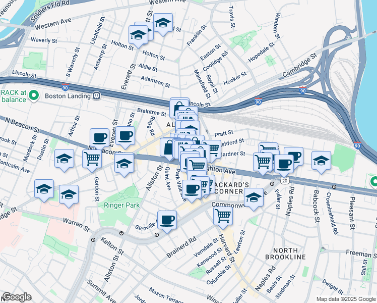 map of restaurants, bars, coffee shops, grocery stores, and more near 73 Harvard Avenue in ALLSTON