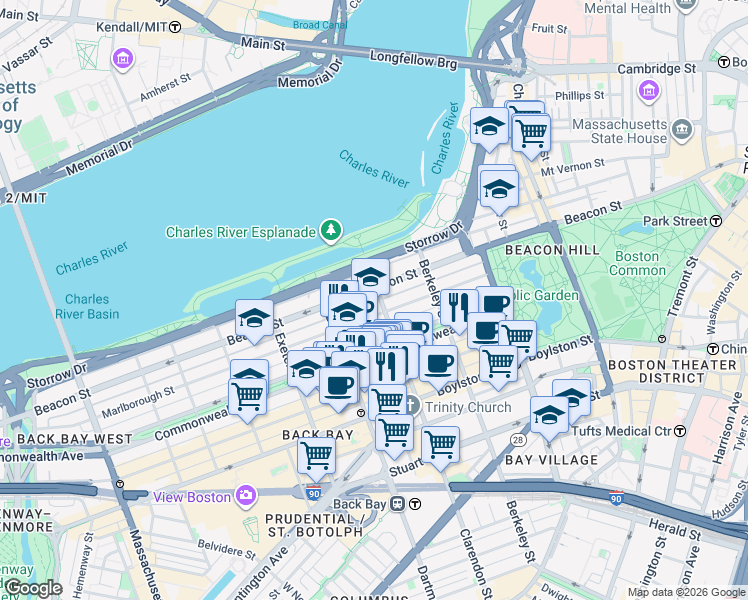 map of restaurants, bars, coffee shops, grocery stores, and more near 205 Beacon Street in Boston