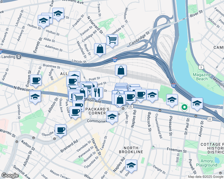 map of restaurants, bars, coffee shops, grocery stores, and more near 72 Gardner Street in Boston