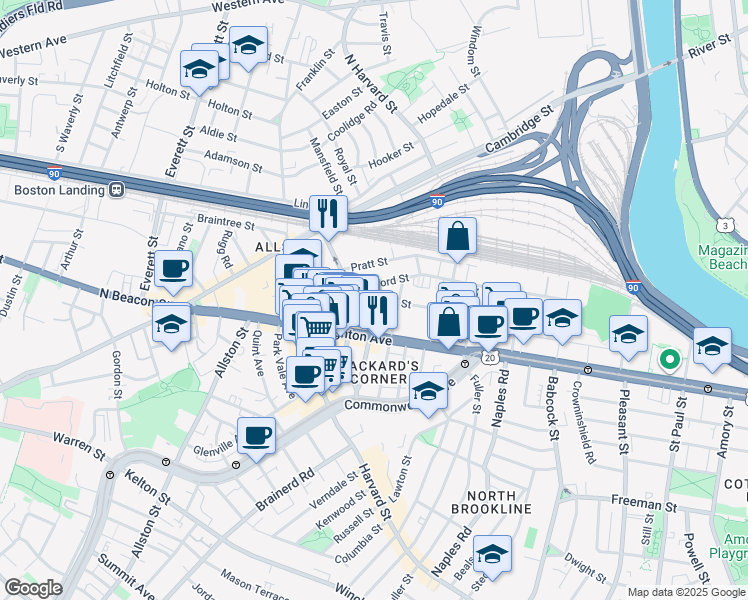 map of restaurants, bars, coffee shops, grocery stores, and more near 56 Gardner Street in Boston