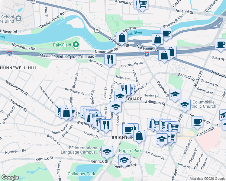 map of restaurants, bars, coffee shops, grocery stores, and more near 31 Hobson Street in Boston