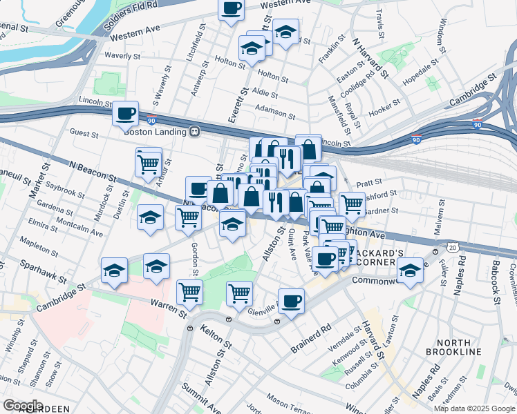 map of restaurants, bars, coffee shops, grocery stores, and more near 460 Cambridge Street in Boston