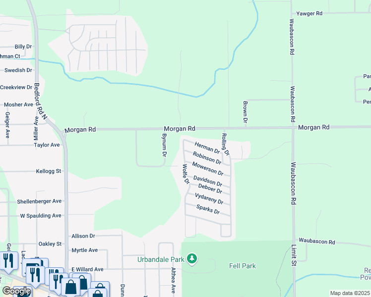 map of restaurants, bars, coffee shops, grocery stores, and more near 73 Robinson Drive in Battle Creek