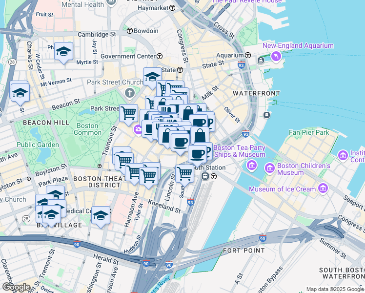 map of restaurants, bars, coffee shops, grocery stores, and more near in Boston