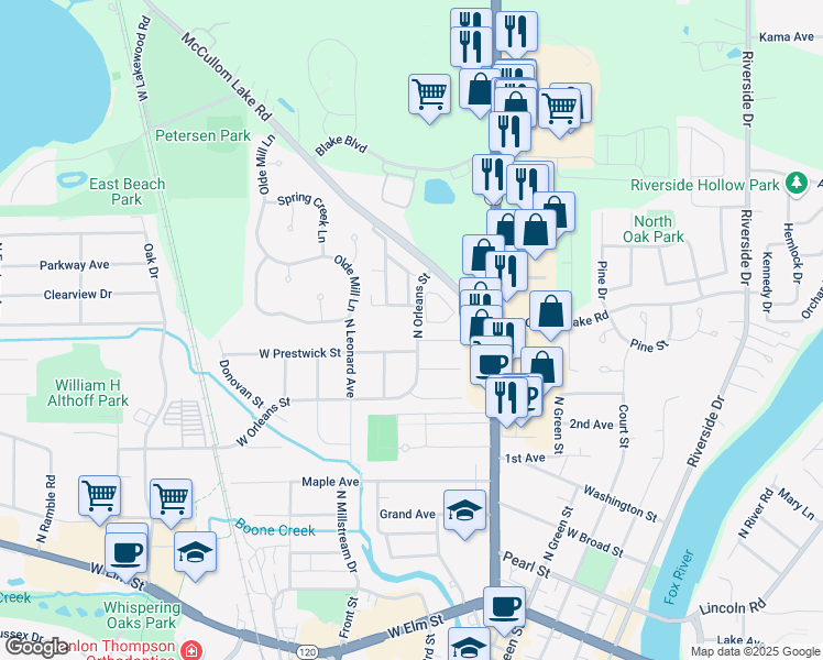 map of restaurants, bars, coffee shops, grocery stores, and more near 1817 North Orleans Street in McHenry