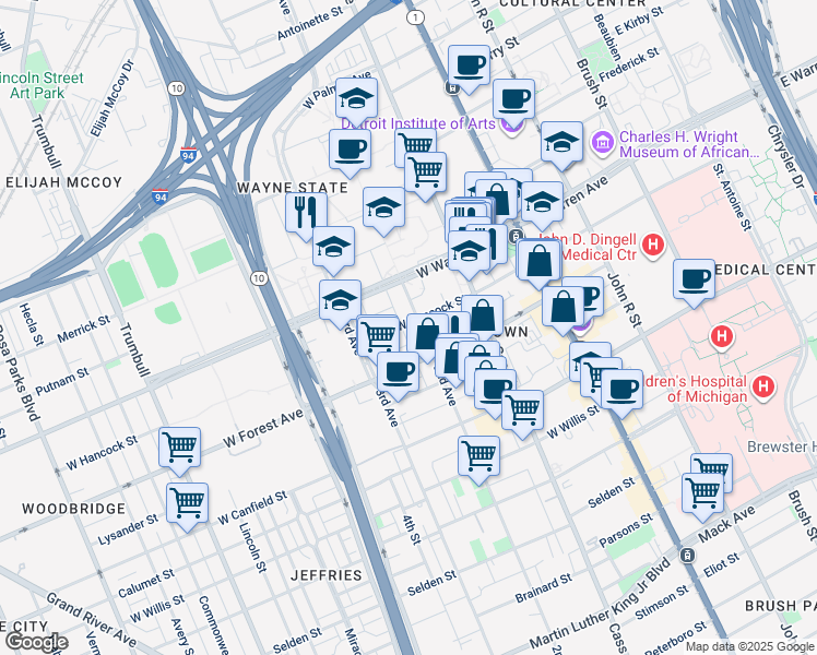 map of restaurants, bars, coffee shops, grocery stores, and more near 619 West Hancock Street in Detroit