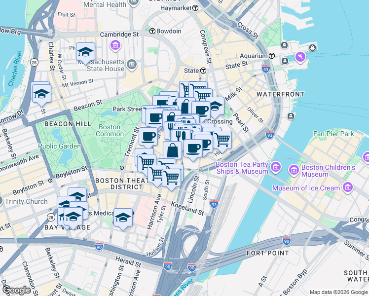 map of restaurants, bars, coffee shops, grocery stores, and more near in Boston